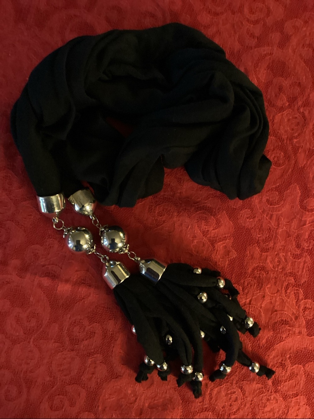 Fashion Fringed Black Scarf with Silver-toned Beads and Tassels.